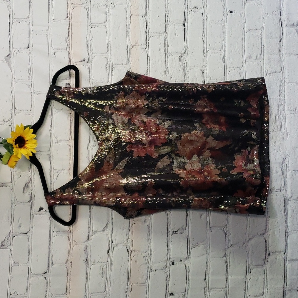 Tribal Jeans tank sequin v-neck floral black pink maroon Sz PS